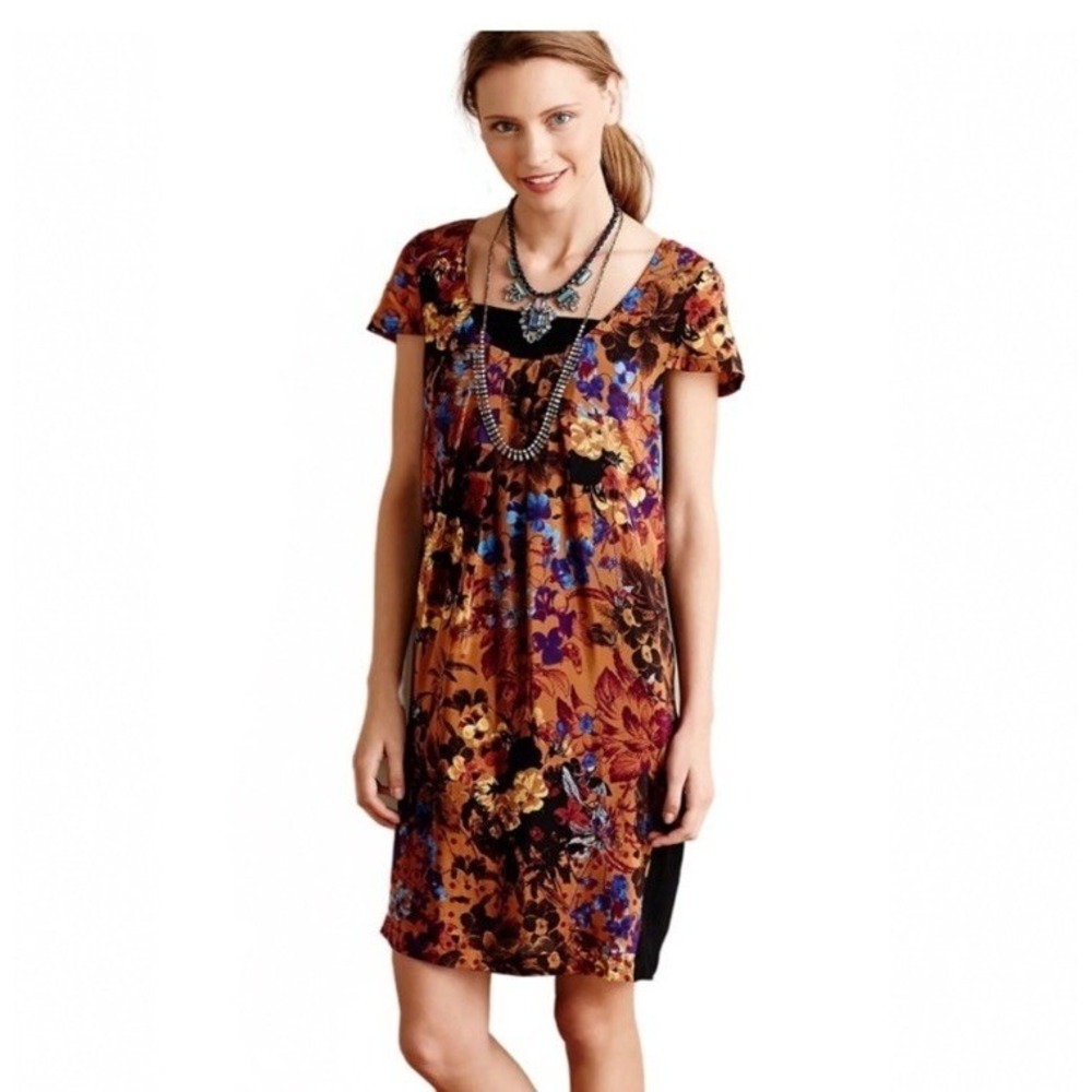 Maeve Anthropologie Floral Shift Dress Black Orange Blue Short Sleeve Small
